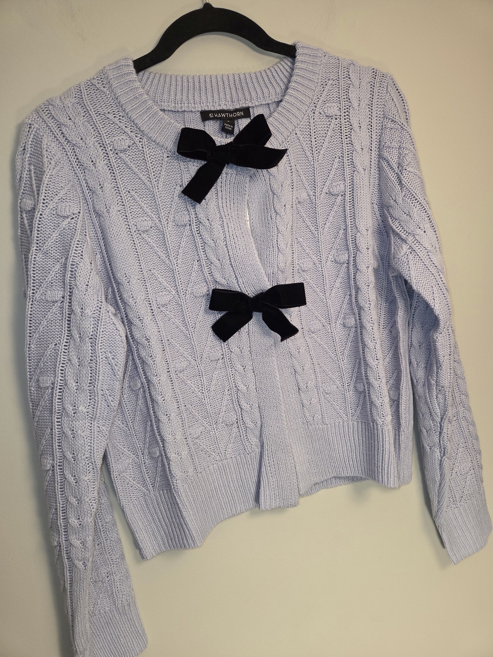 41 Hawthorn Grey Cable Knit Cardigan with Black Bows